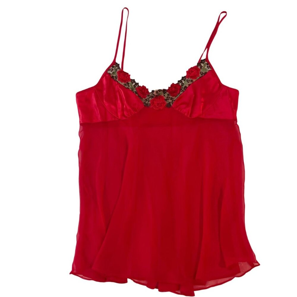 Vintage Red Sheer Floral Lace Trim Lingerie Y2K Sultry Boudoir Romantic Size XL